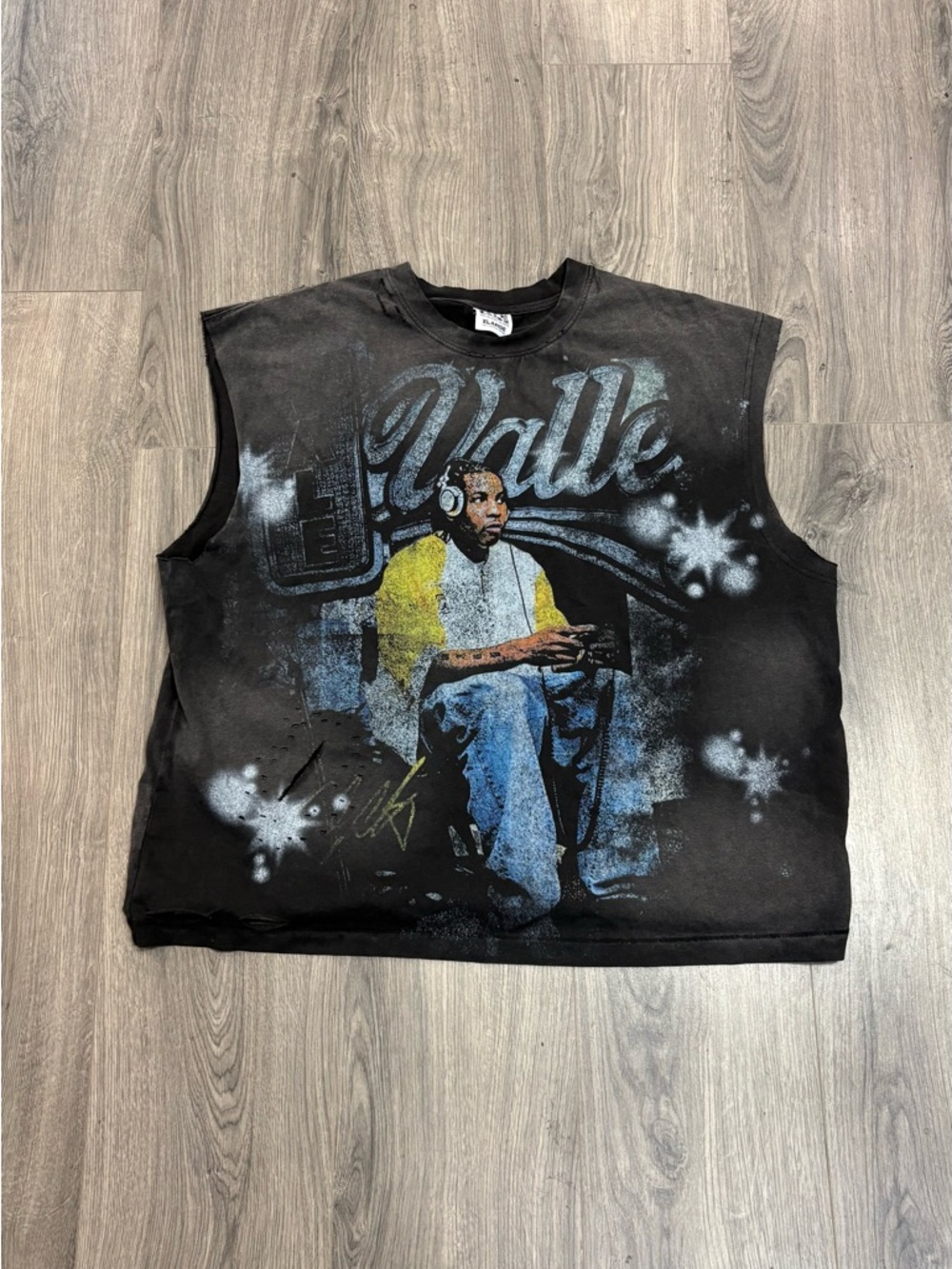Vale “game time” Black Graphic Sleeveless Tee with Blue and Yellow Print